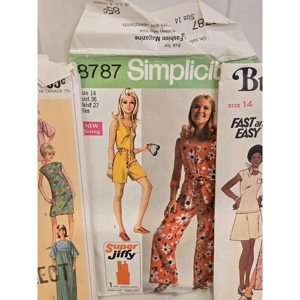 Vintage 70s 60s Sewing Pattern Lot Simplicity Butterick Jumpsuit Dress Skirt 4pc